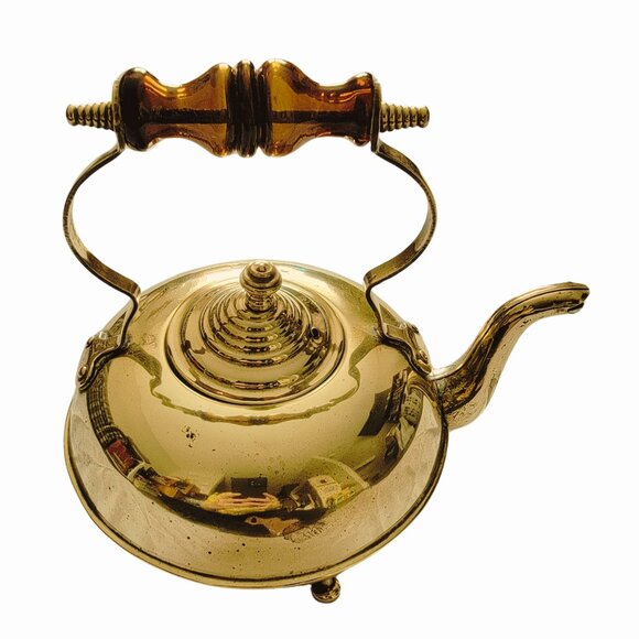Vintage Ornate Brass & Amber Glass Handle Footed Teapot - Picture 6 of 9